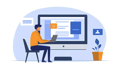 Fototapete - Young Casual Dressed Man Comfortably Working Remotely on Laptop Computer at Minimalist and Cozy Home Office Workspace with Houseplant Decor
