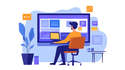 Fototapete - Young adult male freelancer or entrepreneur focused on his computer screen while working remotely from a minimalist home office or desk workspace  Concept of modern technology digital productivity