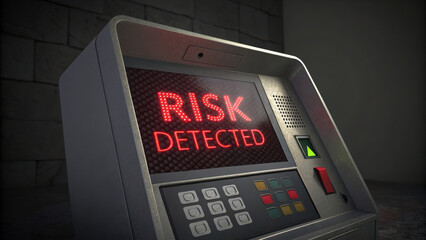 Risk digital security terminal displays warning message, Risk Detected, in dimly lit environment, indicating potential security threat