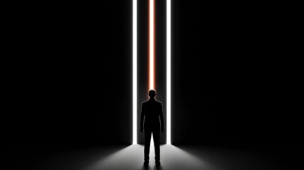 Poster - Silhouette of a person standing before a bright, glowing doorway in a dark room. The light emits an orange and white hue, creating a dramatic contrast.