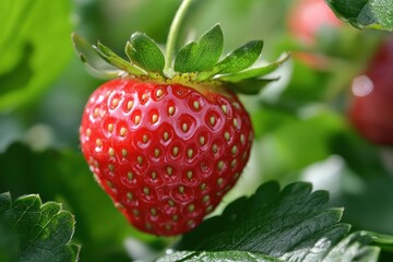 Poster - Bright red strawberry hanging from lush green leaves under the sunlight in a vibrant garden