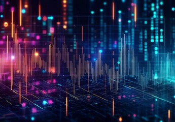 Poster - Abstract digital landscape with vibrant colors and data visualization elements, representing technology and innovation.