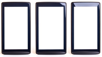 Poster - Three black tablets with blank white screens are arranged side by side against a white background. The tablets are modern and sleek, showcasing their simple design.