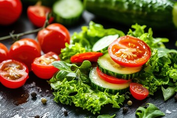 Aufkleber - Fresh salad preparation featuring vibrant tomatoes, cucumbers, and leafy greens in a rustic kitchen setting