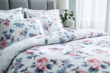 Poster - Cozy bedroom with floral bedding in bright, airy daylight setting
