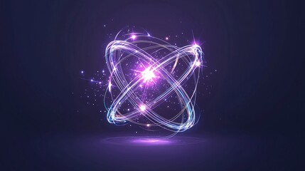 Poster - Abstract glowing atom-like structure with particles and light trails against a dark background.