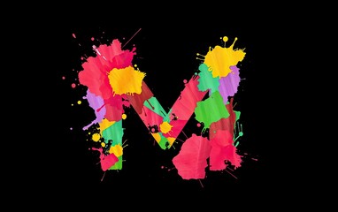 Poster - Colorful letter M formed by paint splashes standing out against stark black backdrop Artistic and vibrant
