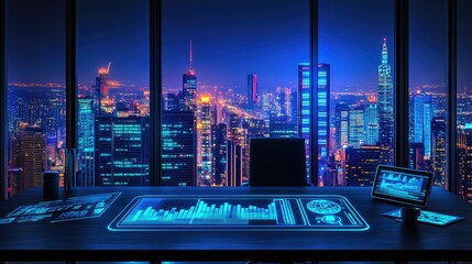 Poster - Workplace with a futuristic business communication interface projection.