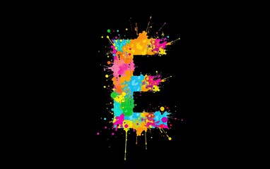 Poster - Letter E  formed from colorful paint splatters on black background vibrant and artistic design