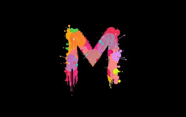 Poster - Letter M artfully designed with vibrant watercolor splashes against stark black backdrop modern artistic flair