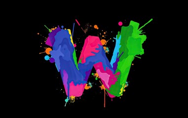 Poster - Colorful letter W depicted with dripping vibrant paint splatters against stark black background Bold artistic