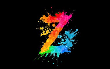 Poster - Colorful letter Z painted as watercolor splash and splatter in explosion of vibrant colors against black