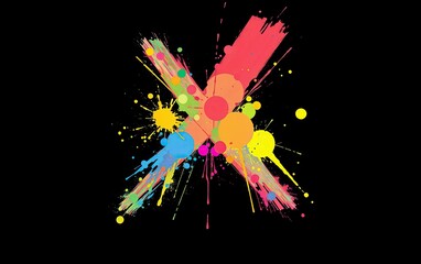 Poster - Abstract art featuring colorful explosion of watercolor letter X paint splatters forming shape on black background