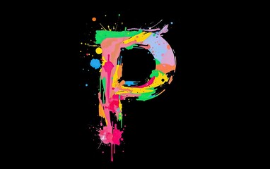 Poster - colorful letter P depicted through splattered watercolors against dark backdrop Creative and artistic