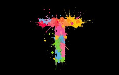 Poster - vibrant letter T bursts with energetic watercolor splashes against stark black canvas artful design