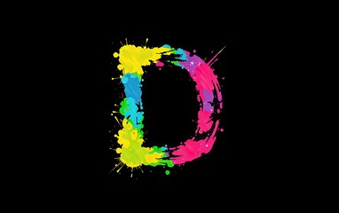 Poster - Colorful letter D created with paint splashes and drips in vibrant hues of yellow blue and pink on black