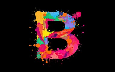 Poster - Colorful letter B created with vibrant watercolors and splatters set against stark black background