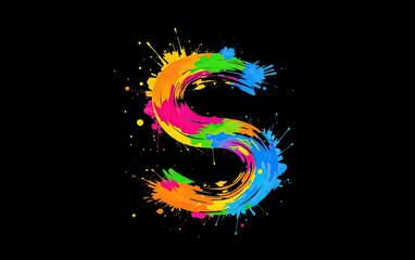 Poster - Vibrant letter S composed of dynamic paint splashes in rainbow hues set against bold stark black background