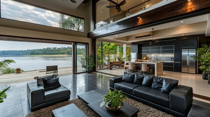 Aufkleber - Modern riverfront house design scenic location interior showcase serene environment contemporary viewpoint