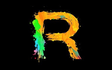 Poster - colorful illustration of letter R with paintbrush design splashes of paint and black background