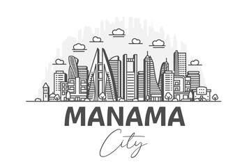 Wall Mural - Manama, Bahrain architecture line skyline illustration with shadows. Linear vector cityscape with famous landmarks, city sights, design icons.