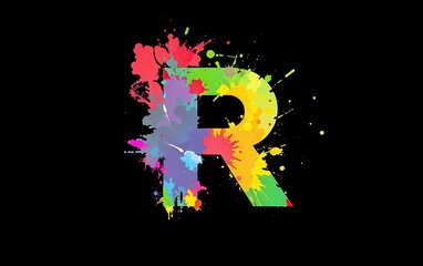 Poster - vibrant letter R bursting with color and paint splatters against stark black background Modern and artistic