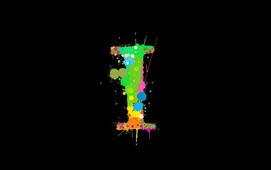 Poster - Colorful letter I created from paint splatters isolated on black background with playful artistic design