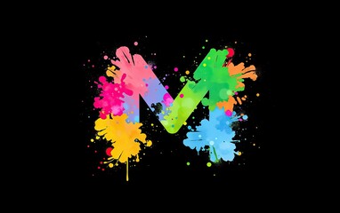 Poster - Colorful letter M rendered in splattered watercolor effect against dark backdrop vibrant and artistic