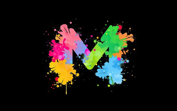 Colorful letter M rendered in splattered watercolor effect against dark backdrop vibrant and artistic