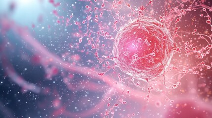 Poster - Abstract depiction of a a glucose molecule surrounded by vibrant colors and particles, illustrating biological processes and microscopic beauty.