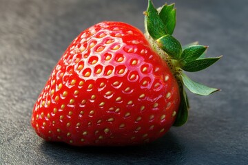 Poster - Red ripe strawberry on a dark surface showcasing its texture and vibrant color during natural lighting