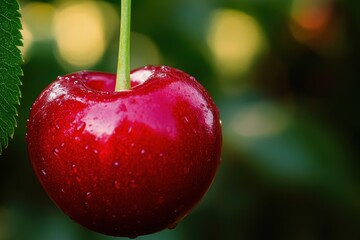 Aufkleber - Freshly picked cherry glistens with droplets in a lush garden during summer