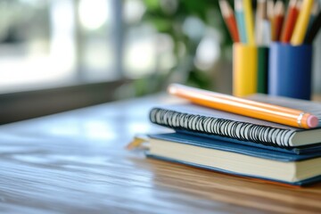 Poster - Writing tools and notebooks arranged on a wooden desk in a bright workspace with natural light