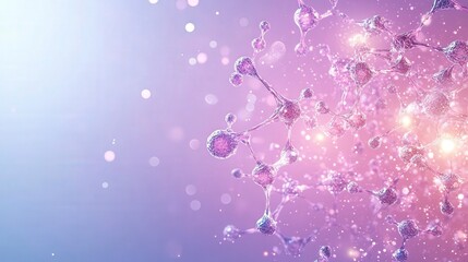 Poster - Abstract adenosine molecule bonded to three phosphate groups of interconnected cells with a soft pink and blue gradient background, suggesting themes of science and technology.