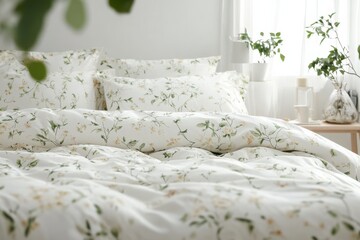 Poster - Cozy bedroom with floral bedding and indoor plants creating a serene atmosphere in soft natural light