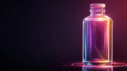 Poster - A glowing glass bottle with colorful light reflections against a dark background, creating a mystical and vibrant atmosphere.