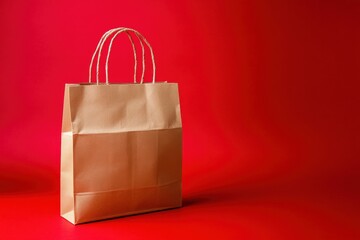 Poster - Simple brown paper bag displayed against a bright red background, showcasing a minimalist design and shopping potential