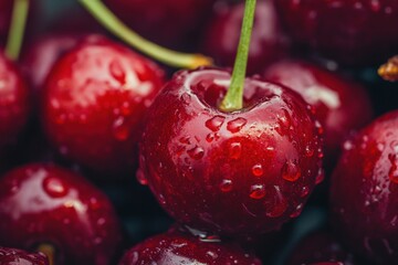 Aufkleber - Fresh cherries glistening with water droplets after harvesting in a sunny orchard