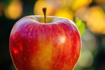 Poster - Freshly picked apple shines brightly in natural sunlight against a blurred orchard background