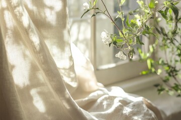 Aufkleber - Soft sunlight filters through sheer curtains, illuminating blooming flowers in a tranquil indoor setting
