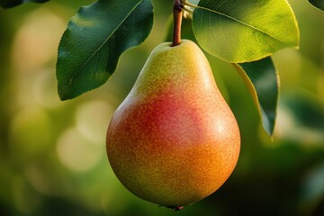 Poster - Pear hangs from tree branch in vibrant garden during golden hour sunlight