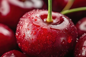 Aufkleber - Freshly washed cherries glistening with water droplets in a close-up view on a wooden surface