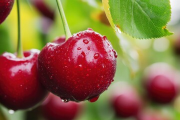 Aufkleber - Fresh red cherries glistening with water droplets in a sunny orchard setting during summer