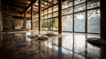 Aufkleber - Serene riverside retreat house interior minimalist design natural light calm atmosphere modern aesthetics