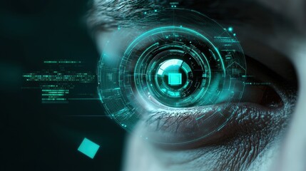 Poster - Cybernetic human eye scanning holographic data, AI technology seamlessly blending.