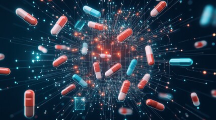 Poster - Colorful capsules float in a digital space, surrounded by glowing particles, representing how multivitamins function at a cellular level, high-tech futuristic concept