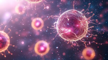 Poster - Colorful digital illustration of cells with intricate details, showcasing mitochondria focus
