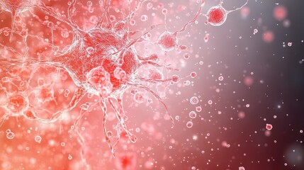 Poster - biological processes illustration of cells and molecules, showcasing a dynamic interplay of red and gray tones, representing biological processes.