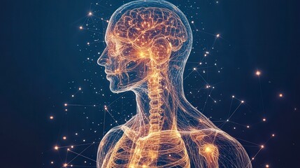 Poster - A glowing, abstract representation of a human figure, emphasizing neural connections and energy, set against a dark background.