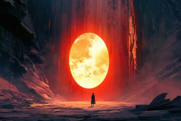 Aufkleber - Person stands before a giant glowing portal in a magical landscape, evoking wonder and adventure in a mystical setting